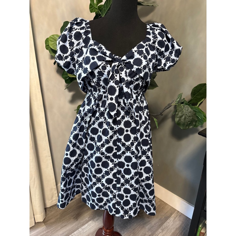 Time and Tru Women Navy White Floral Puff Sleeve Tie Front Pocket Dress Small